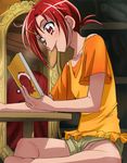  book casual haruyama_kazunori hino_akane_(smile_precure!) mouth_hold orange_shirt panties precure red_eyes red_hair shirt short_hair shorts sitting smile_precure! solo underwear upshorts 