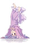  :&lt; barefoot chibi coat dress feet headstand highres kana_tako long_hair long_sleeves open_mouth patchouli_knowledge purple_eyes purple_hair reflection reflective_floor solo striped striped_dress toes touhou upside-down wide_sleeves 