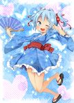  alternate_costume alternate_hairstyle blue_eyes blue_hair blue_kimono blue_skirt bow cirno fan fang hair_bow japanese_clothes jigatei_(omijin) kimono long_sleeves looking_at_viewer one_eye_closed open_mouth sash short_hair skirt smile solo sparkle touhou twintails wide_sleeves yukata 