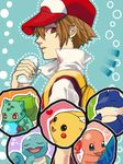  1boy aqua_background backpack bag baseball_cap brown_eyes bulbasaur charmander dotted_line gen_1_pokemon gen_4_pokemon hat heart munchlax musical_note pikachu pokemon pokemon_(creature) pokemon_(game) pokemon_frlg popped_collar red_(pokemon) red_(pokemon_frlg) red_eyes simple_background squirtle tegaki vs_seeker 