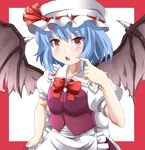  absurdres apron bad_id bad_pixiv_id bat_wings blue_hair blush e.o. hat hat_ribbon highres maid open_mouth puffy_sleeves red_eyes remilia_scarlet ribbon short_hair short_sleeves skirt solo touhou vest wings 