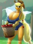  anthro anthrofied apple applejack_(mlp) basket big_breasts blonde_hair blush breasts cleavage clothed clothing cowboy_hat cutie_mark equine female forest freckles friendship_is_magic fruit gloves green_eyes hair hat horse huge_breasts looking_at_viewer mammal marauder6272 my_little_pony outside overalls pony skimpy solo sweat tree wood 