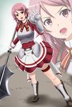  armor axe battle_axe boots commentary_request fuuma_nagi gauntlets highres lisbeth open_mouth pink_hair polearm red_eyes short_hair sword_art_online weapon zoom_layer 
