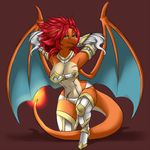  arms_behind_head breasts charizard clothed clothing female fire green_eyes hair looking_at_viewer micki nintendo orange_body pok&#233;mon pok&#233;morph pok&eacute;mon pose red_hair skimpy solo unconvincing_armor video_games wings 
