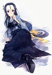  akechi_mitsuhide_(oda_nobuna_no_yabou) black_hair blue_eyes breastplate hair_ornament high_heels light_particles long_hair looking_at_viewer low-tied_long_hair lying oda_nobuna_no_yabou on_side shoes shrimpman solo 
