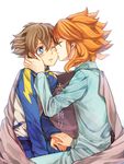  amemiya_taiyou bad_id bad_pixiv_id blue_eyes blush brown_hair closed_eyes inazuma_eleven_(series) inazuma_eleven_go kiss long_hair male_focus matsukaze_tenma multiple_boys obo open_mouth orange_hair pajamas yaoi 