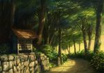  forest nature no_humans original path road scenery shadow shrine stone_wall tree wall you_shimizu 