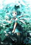  awa_toka bad_id bad_pixiv_id blue_dress blue_eyes blue_hair bow cirno dress frog frozen frozen_frog grin hair_bow ice puffy_sleeves shirt short_hair short_sleeves sitting sitting_on_rock smile solo touhou wings 