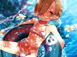  arumaji_(kiss_kill_lila) bikini brown_eyes brown_hair dappled_sunlight flower hair_over_one_eye idolmaster idolmaster_cinderella_girls innertube plumeria shirasaka_koume short_hair solo sunlight swimsuit 