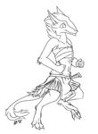  black_and_white clothing female keis mekoryuk monochrome plain_background running sergal skipping smile sword weapon white_background 