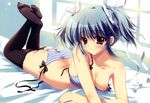  ass bed blue_hair bra breasts cleavage izumi_tsubasu mashiroiro_symphony nipple_slip nipples panties purple_eyes ribbons scan short_hair striped_panties thighhighs twintails underwear uryu_sakuno 