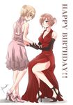  blonde_hair blue_eyes blush bow brown_hair dress elbow_gloves evening_gown full_body gloves hakuisei_ren'ai_shoukougun happy_birthday high_heels holding_hands multiple_girls numanuma ootsuka_hatsumi sawai_kaori shoes short_hair sitting smile yuri 