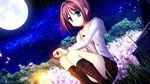  akizuki_tsukasa blush braids cherry_blossoms fire game_cg haruno_tsubame moon night pink_hair sakura_sakimashita short_hair sky sorahane stars 