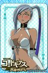  aqua_background artist_request asymmetrical_bangs bangs bare_shoulders bikini blush breasts card_(medium) checkered checkered_background chess_piece cleavage closed_mouth code_geass crop_top cross-laced_clothes dark_skin elbow_gloves embarrassed furrowed_eyebrows gloves gold_trim grey_hair hair_tubes large_breasts lipstick long_hair makeup navel number official_art ponytail pout purple_lipstick side_ponytail solo source_request swimsuit very_dark_skin very_long_hair villetta_nu yellow_eyes 