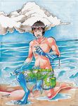 claws cloud clouds fins fish luminari male marine sand sea swimsuit transformation water wave waves 
