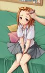  bed between_legs brown_eyes brown_hair chestnut_mouth dress_shirt forehead hairband hand_between_legs hirohiran k-on! marker pillow pov sakuragaoka_high_school_uniform school_uniform shirt short_hair sitting skirt tainaka_ritsu translated v_arms 