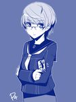  genderswap genderswap_(mtf) glasses jacket monochrome narukami_yuu over-rim_eyewear persona persona_4 school_uniform semi-rimless_eyewear short_hair tarot taru_neko 