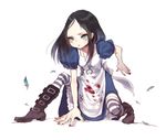  alice:_madness_returns alice_(wonderland) alice_in_wonderland apron black_hair blood bluerancel boots dress feathers green_eyes highres jewelry kneeling nail_polish necklace solo striped striped_legwear thighhighs 