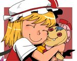  ascot blonde_hair button_eyes character_doll closed_eyes doll doll_hug fangs flandre_scarlet hat hat_ribbon hug onikobe_rin remilia_scarlet ribbon short_hair short_sleeves smile solo touhou wings 