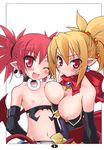  blush breast_squish breasts collar comic demon disgaea disgaea_2 duo ear_piercing elbow_gloves etna fangs female flat_chested gloves haga_yui hair hi_res midriff navel necklace nipples one_eye_closed open_mouth piercing plain_background red_eyes red_hair rozalin small_breasts spade_tail unknown_artist white_background wings wink 