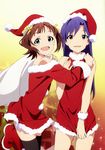  akai_toshifumi amami_haruka bare_shoulders black_legwear blue_hair boots brown_eyes christmas dress dress_tug green_eyes halter_top halterneck hat highres idolmaster idolmaster_(classic) kisaragi_chihaya long_hair multiple_girls red_skirt sack santa_hat scan short_hair skirt smile thighhighs 