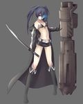  bikini_top black_hair black_rock_shooter black_rock_shooter_(character) blue_eyes boots burning_eye cannon gloves grey_background highres lauqe long_hair midriff navel reverse_grip scar simple_background solo sword twintails weapon 