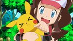  &gt;_&lt; baseball_cap blue_eyes brown_hair closed_eyes gen_1_pokemon hat noyeshr pikachu pokemon pokemon_(anime) pokemon_(creature) pokemon_(game) pokemon_bw sweatdrop touko_(pokemon) 