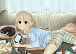  1girl animal bike_shorts blonde_hair brown_eyes candy cat food futaba_anzu harmaline idolmaster idolmaster_cinderella_girls long_hair playing_games playstation_vita pocky striped 