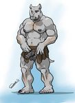  anthro balls belt biceps big_muscles chestnuts_(artist) clothed clothing erection fur grey_eyes hairy half-dressed horn kilt male mammal muscles nipples pecs penis pose presenting rhinoceros shorts skirt solo topless uncut vein veins 