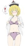  1girl bad_id bad_pixiv_id blonde_hair blush bow bow_panties bra breasts cleavage collarbone crescent hat long_sleeves lunasa_prismriver medium_breasts navel panties shirt short_hair solo takemori_shintarou touhou underwear undressing white_background yellow_eyes 