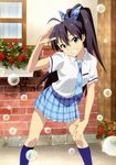  akai_toshifumi black_hair blue_eyes blue_legwear bubble flower ganaha_hibiki grin hand_on_own_knee highres idolmaster idolmaster_(classic) kneehighs leaning_forward looking_at_viewer necktie official_art plaid plaid_neckwear plaid_skirt pleated_skirt ponytail rough_time_school scan school_uniform skirt smile solo 