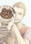  apo apo_(uchuu_kyoudai) dog grin male_focus nanba_hibito nightzebra pug simple_background smile solo traditional_media uchuu_kyoudai 