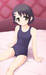  bed black_hair brown_eyes bunny_hair_ornament child hair_ornament hairclip idolmaster idolmaster_cinderella_girls marugoshi_(54burger) one-piece_swimsuit sasaki_chie school_swimsuit short_hair sitting smile solo swimsuit 