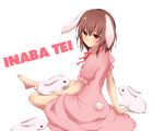  absurdres animal animal_ears bad_id bad_pixiv_id bow brown_hair bunny character_name colorized dress frills highres inaba_tewi kobayashi_marina looking_at_viewer red_eyes ribbon short_hair simple_background sitting solo tail text_focus touhou 