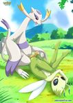  blue_eyes breasts celebi claws cum female male mienshao outside penis pok&eacute;mon red_eyes straight tongue tongue_out 