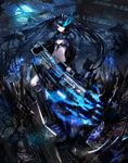  bikini_top black_hair black_rock_shooter black_rock_shooter_(character) blue_eyes boots burning_eye cannon fire flame full_moon glowing glowing_weapon highres hood hoodie jname long_hair moon pale_skin solo star twintails weapon zipper 