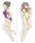  ass barefoot bikini black_hair breast_press brown_eyes brown_hair competition_swimsuit dakimakura drill_hair hair_bun hanasaku_iroha highleg highleg_bikini highleg_swimsuit highres long_hair lying multiple_girls on_side one-piece_swimsuit oshimizu_nako rumia_(compacthuman) swimsuit wakura_yuina 