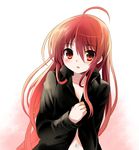  ahoge black_jacket blush coat eyebrows_visible_through_hair flat_chest hair_between_eyes jacket long_hair long_sleeves looking_at_viewer naked_coat navel parted_lips red_eyes red_hair shakugan_no_shana shana solo tachitsu_teto upper_body white_background 