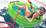  barefoot brown_eyes brown_hair crossed_legs diving_mask hose inaba_taiju long_hair looking_back one-piece_swimsuit original partially_submerged rubber_duck school_swimsuit sitting snorkel solo swimsuit twintails wading_pool water water_gun 