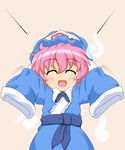  blue_dress blush closed_eyes dress hat kokujuuji long_sleeves open_mouth outstretched_arms oversized_clothes pink_hair saigyouji_yuyuko sash short_hair sleeves_past_fingers sleeves_past_wrists smile solo touhou triangular_headpiece younger 