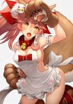  1girl animal_ear_fluff animal_ears apron arm_garter arm_up armpits bangs bare_shoulders bell bell_collar blush breasts cat_hair_ornament cat_paws claws cleavage collar fangs fate/extra fate/grand_order fate_(series) fox_ears fox_tail frills gloves hair_between_eyes hair_ornament hips jingle_bell kneeling kyoeiki large_breasts long_hair looking_at_viewer maid_headdress naked_apron open_mouth paw_gloves paw_print paw_shoes paws pink_hair ponytail shoes sideboob sidelocks simple_background solo tail tamamo_(fate)_(all) tamamo_cat_(fate) thighs white_background yellow_eyes 