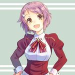  :d bad_id bob_cut freckles hair_ornament hairclip hands_on_hips juliet_sleeves lisbeth long_sleeves looking_at_viewer md5_mismatch open_mouth pink_hair puffy_sleeves short_hair simple_background smile solo sword_art_online t-okada upper_body yellow_eyes 
