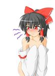  black_hair blush bow collarbone covering covering_breasts detached_sleeves embarrassed eyebrows_visible_through_hair eyes_visible_through_hair hair_bow hair_tubes hakurei_reimu kokujuuji long_sleeves nose_blush nude ponytail red_eyes simple_background sleeves_past_wrists solo tears touhou wavy_mouth white_background wide_sleeves 