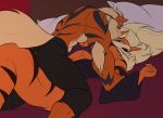  anthro anthro_on_anthro arcanine bed big_breasts breasts clothed clothing darkpaw felicia_embermane gown green_eyes grin imminent_sex lingerie male male_on_top muscular muscular_male nintendo on_top pillow pinned pok&eacute;mon pok&eacute;mon_(species) smile taller_female thick_thigh toughset under_boob video_games 