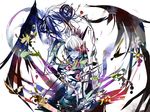  1girl abstract black_hair hug katsuragi_yako looking_at_viewer majin_tantei_nougami_neuro nougami_neuro pale_skin shiinoyuko short_hair simple_background white_background white_hair wings 