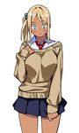  23_(real_xxiii) :&lt; blonde_hair blue_eyes blush_stickers breasts collared_shirt dark_skin highres jitome large_breasts miniskirt necktie original ponytail school_uniform shirt side_ponytail skirt skirt_pull solo sweater 