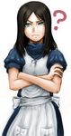  ? alice:_madness_returns alice_(wonderland) alice_in_wonderland american_mcgee's_alice apron black_hair ceramic_man crossed_arms dress green_eyes highres jewelry necklace solo white_background 