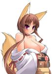  acguy animal_ears bad_id bad_tinami_id breasts brown_hair fox_ears fox_tail huge_breasts japanese_clothes jun'you_maru miko original purple_eyes ribbon robot simple_background sweatdrop tail undressing white_background 