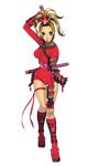  bad_id bad_pixiv_id blonde_hair bodysuit breasts brown_eyes fishnets flower hair_flower hair_ornament hand_on_own_knee kneehighs large_breasts natsu_(soulcalibur) ninja ponytail skin_tight solo soulcalibur soulcalibur_v tabi tantou thigh_strap transparent_background updo vambraces xuexue_yue_hua 