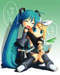  bad_id bad_pixiv_id blue_hair hatsune_miku kagamine_rin kankurou long_hair multiple_girls short_hair spring_onion thighhighs twintails very_long_hair vocaloid 